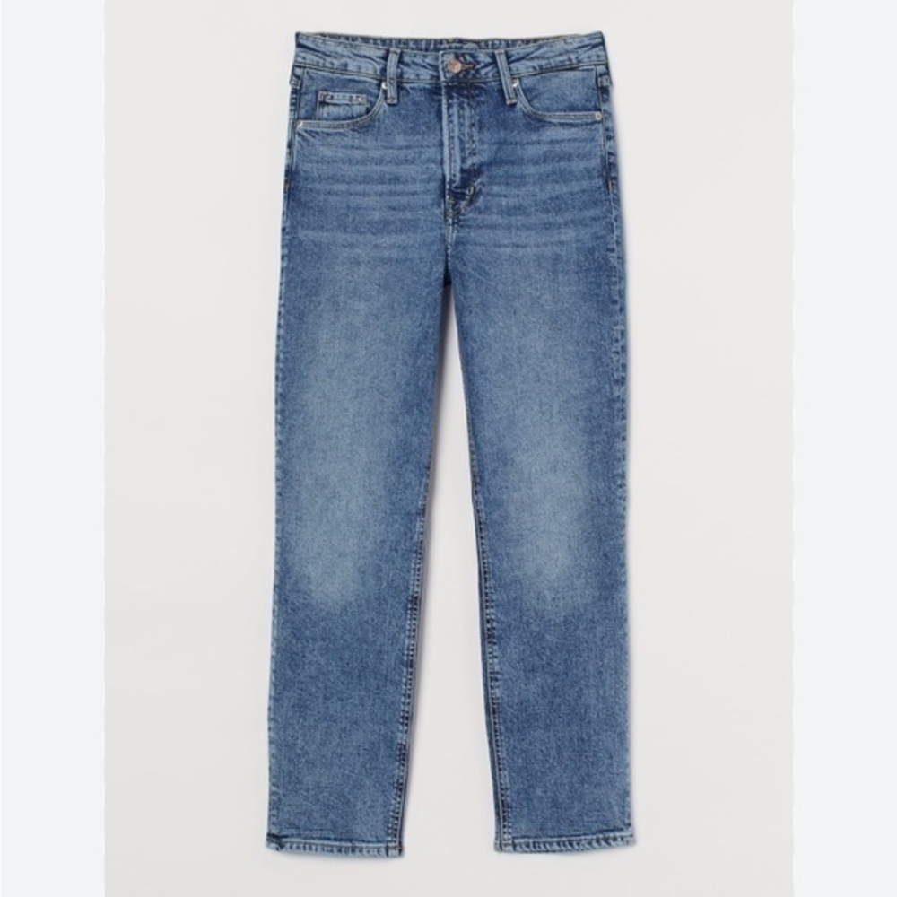 New H&M Highrise Straight Leg Vintage Slim Ankle Slit Mid Blue Wash Jeans